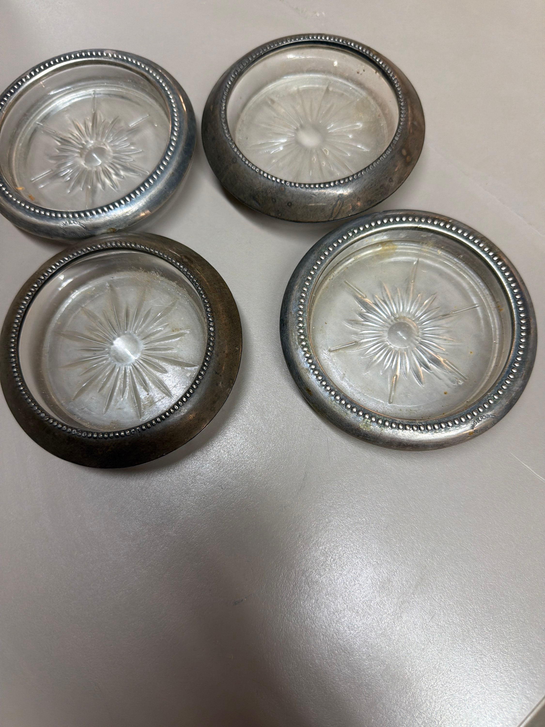 SET OF 4 SILVER RIM GLASS COASTERS