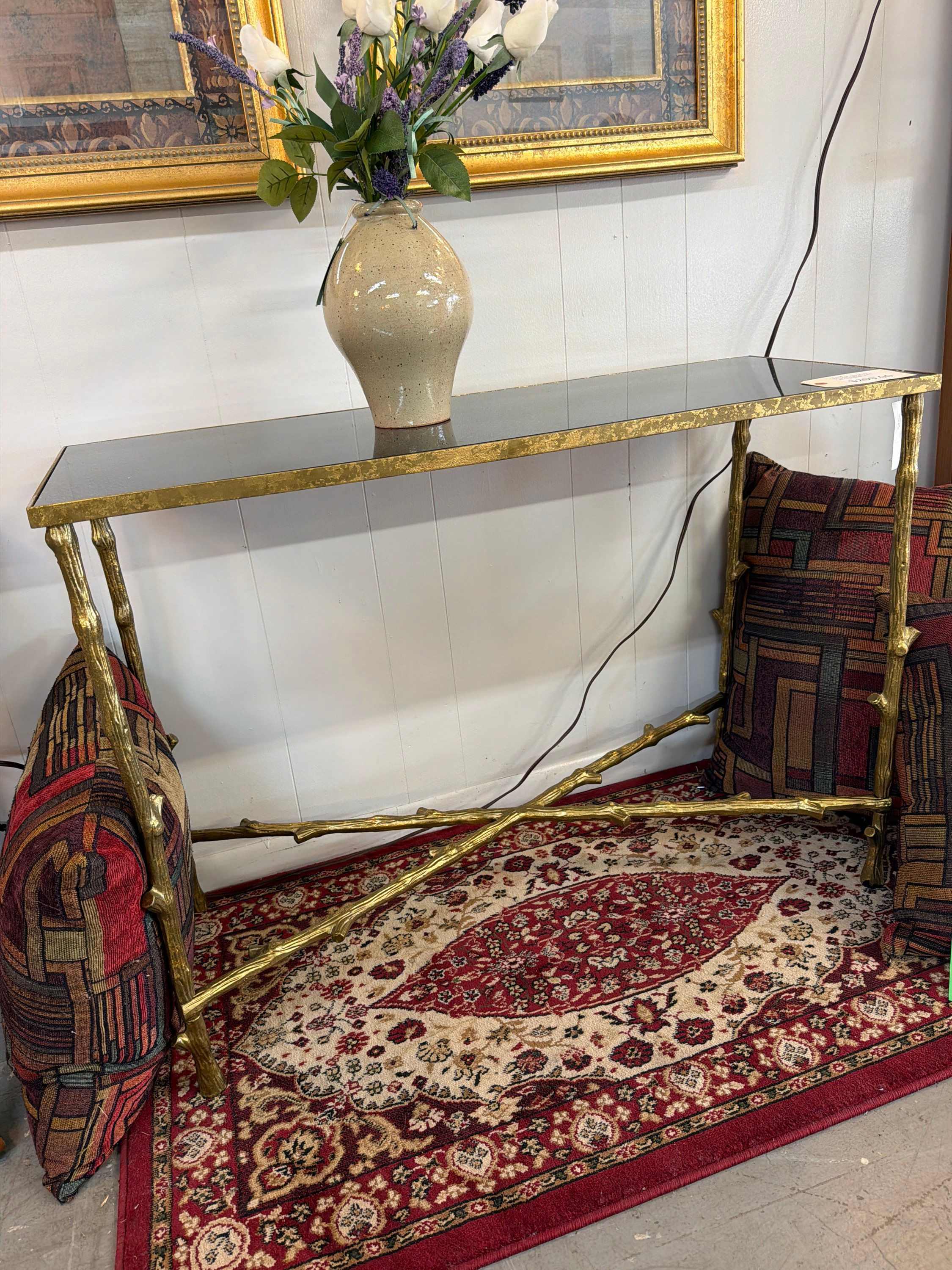 ETHAN ALLEN SOFA TABLESMOKED GLADS GOLD METAL TRIM