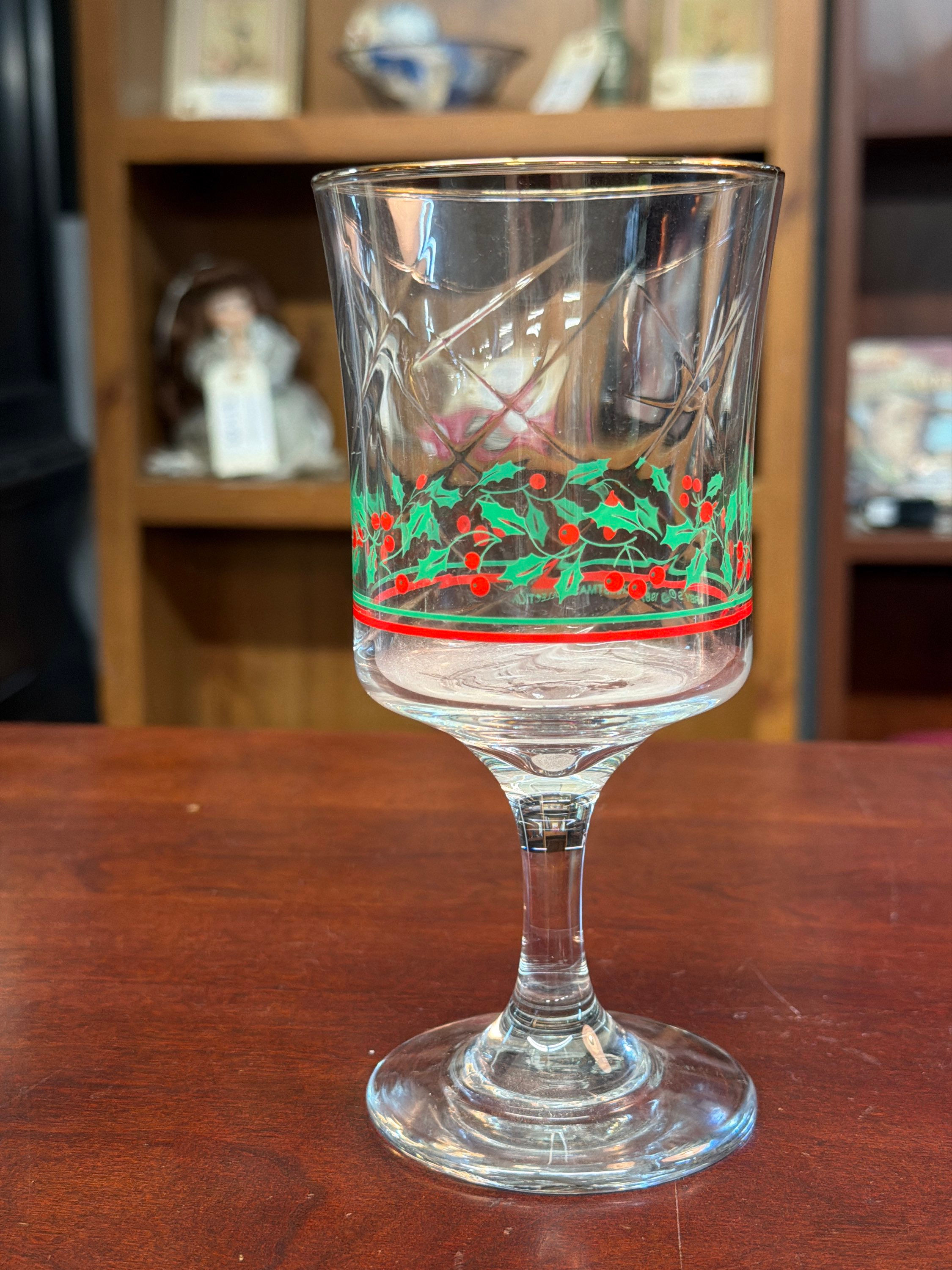 7" LIBBY ARBY CHRISTMAS HOLLY BERRY WINE STEMWARE