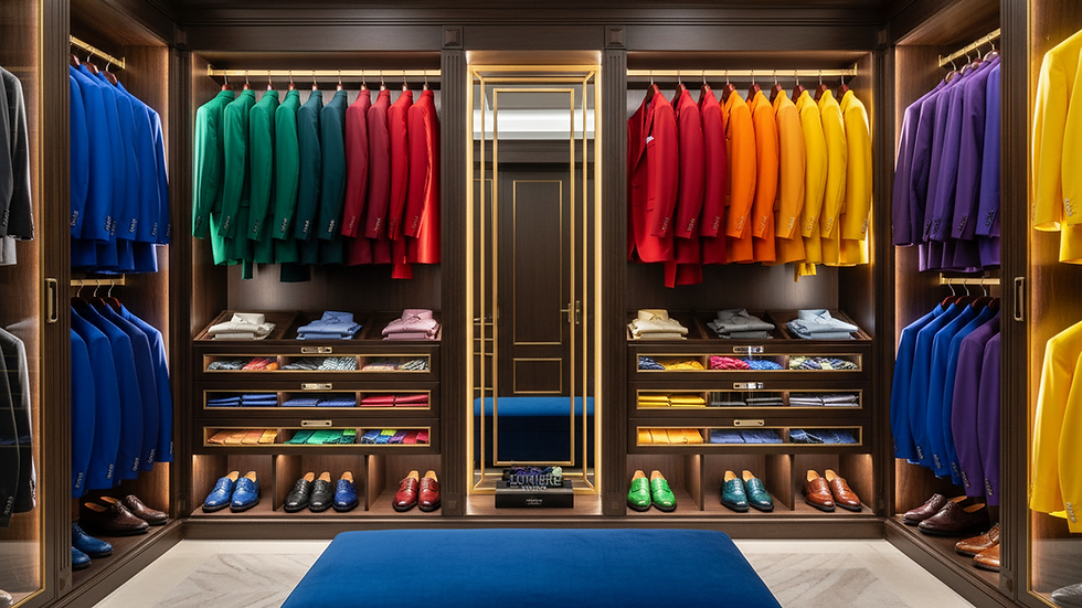 Eye-level view of a neatly organized wardrobe with tailored suits and shirts