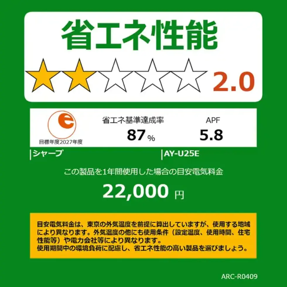 サムネイル： シャープ｜Eシリーズ｜2.5ｋｗエアコン｜8畳用｜AY-U25E-W