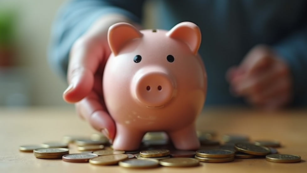 Close-up view of a hand holding a piggy bank with coins