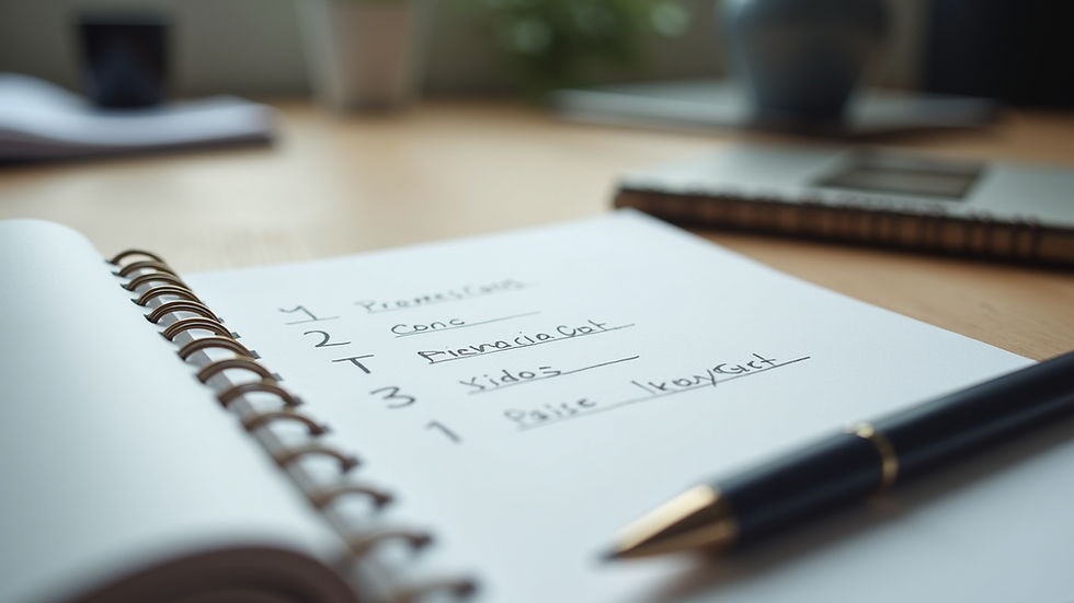 Eye-level view of a notebook with financial goals and a pen