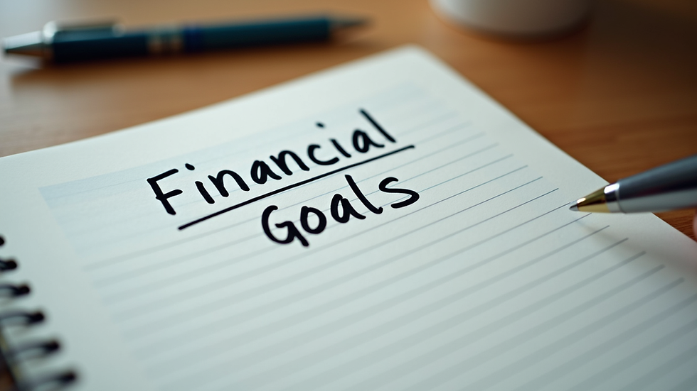Eye-level view of a notebook with financial goals written on it