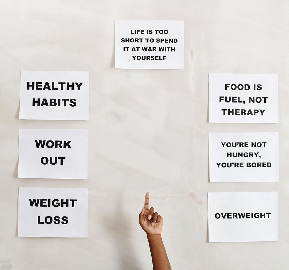 Imagen con mensajes motivacionales impresos en carteles blancos con letras negras sobre una pared clara. Los textos dicen en inglés: "Life is too short to spend it at war with yourself", "Healthy habits", "Work out", "Weight loss", "Food is fuel, not therapy" y "You're not hungry, you're bored". Se observa una mano apuntando hacia arriba, señalando uno de los carteles.