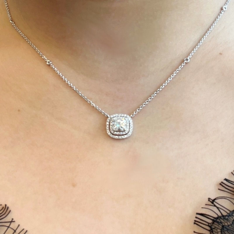 Thumbnail: RADIANT CUT DIAMOND, DOUBLE DIAMOND HALO & BEZEL DIAMOND CHAIN IN 18KTWG 1.53CT