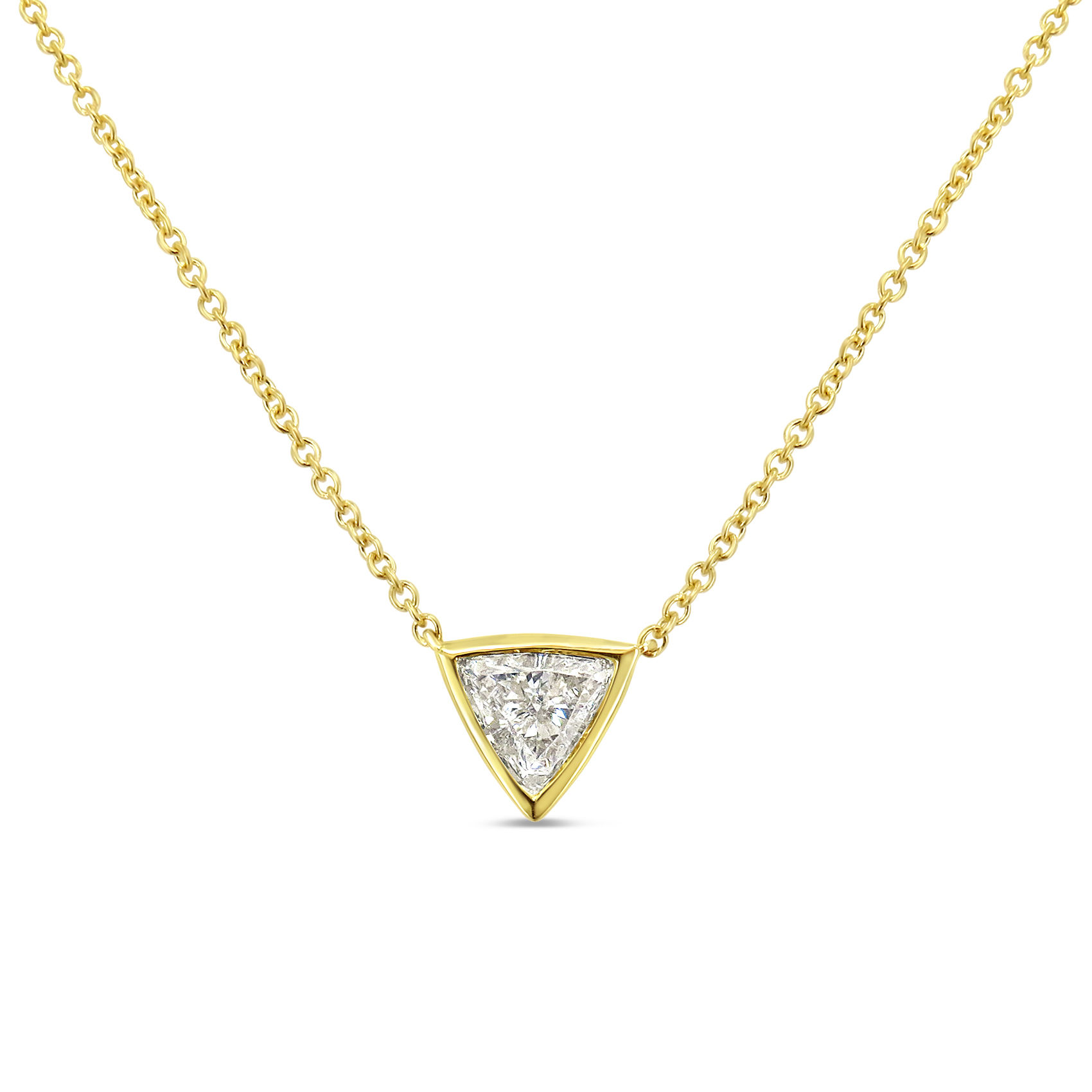 TRILLION SHAPE DIAMOND BEZEL PENDANT NECKLACE 18K YELLOW GOLD