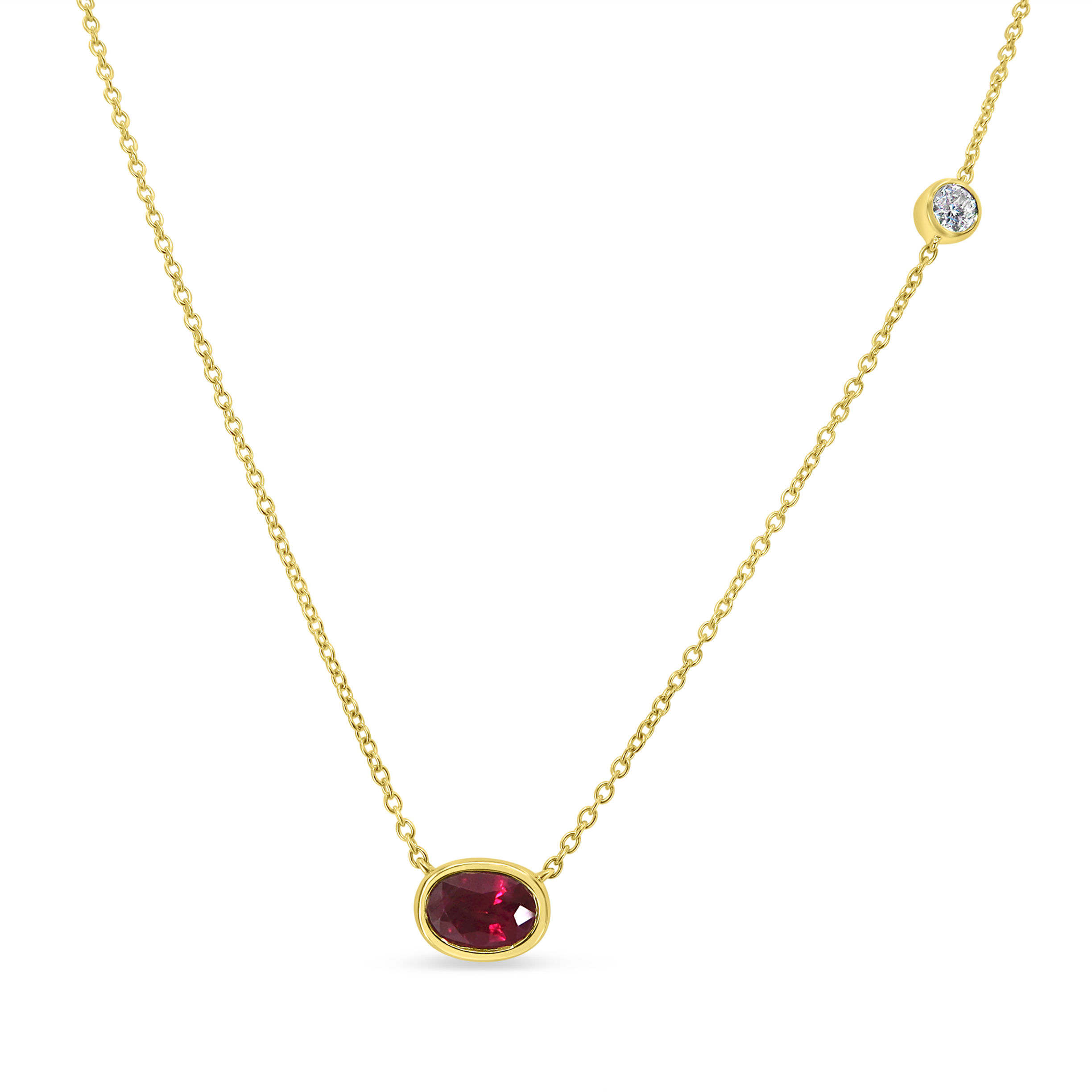 0.96CT BURMESE RUBY BEZEL SET NECKLACE WITH DIAMOND ACCENT