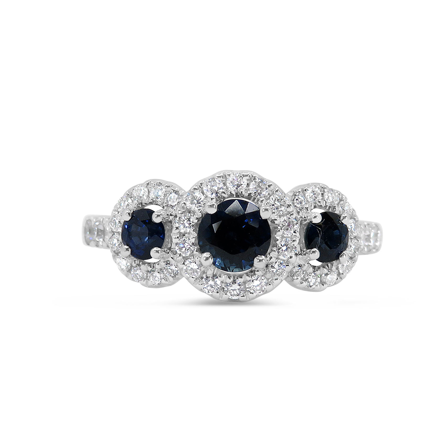 SAPPHIRE & DIAMOND HALO THREE-STONE ANNIVERARY RING IN 18KTWG 1.18CTTW