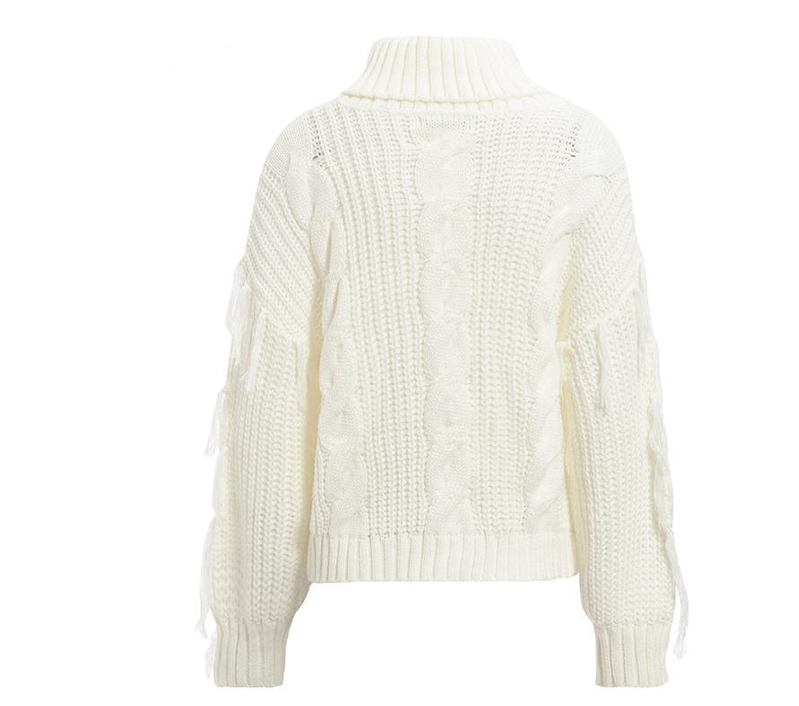 Thumbnail: Fashionable Knit Sweater with Fringe - Women's High Neck