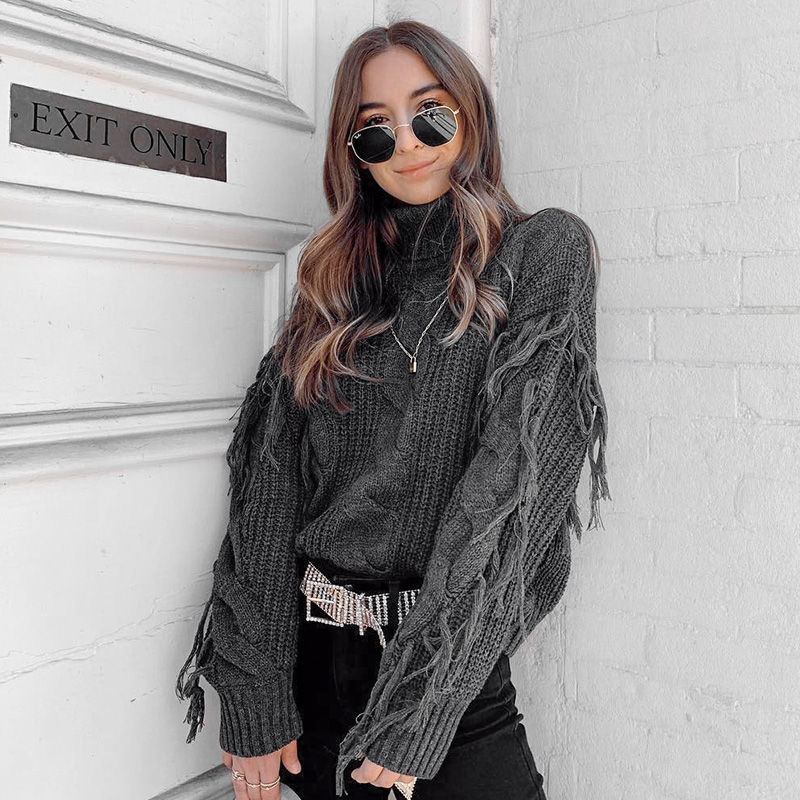 Thumbnail: Fashionable Knit Sweater with Fringe - Women's High Neck