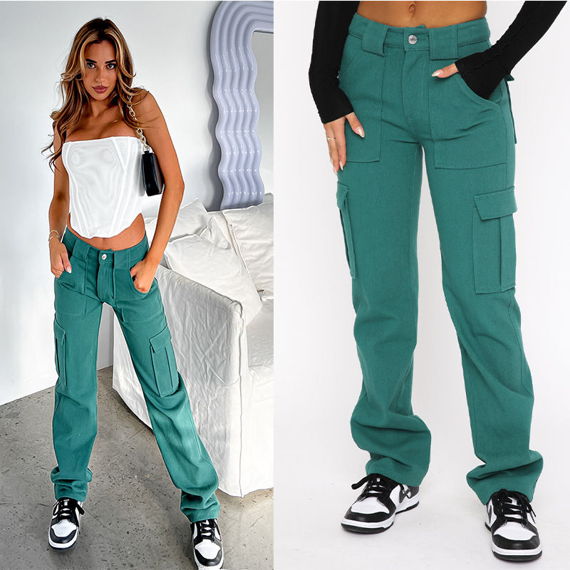 Fashionable Women's Loose Fit Denim Pants with Pockets