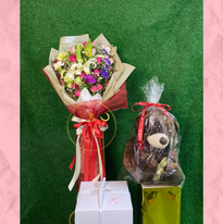 Mixed Flowers Bouquet with Medium Bear and Cake