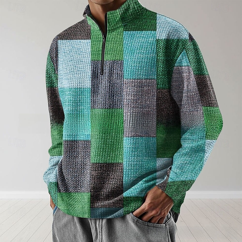 Thumbnail: Mens Geometric Waffle Polo Shirt with Zipper Detail