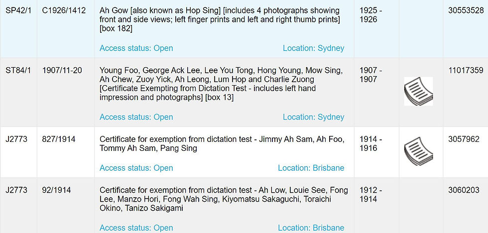 Sample of a search results page in the NAA's Record Search screen.