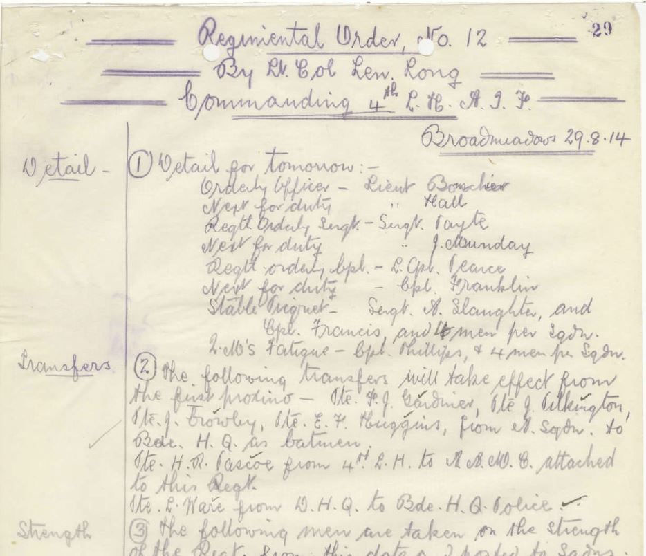 4th Light Horse Battalion, War Unit Diary extract, Aug-Oct 1918 courtesy of Australian War Memorial