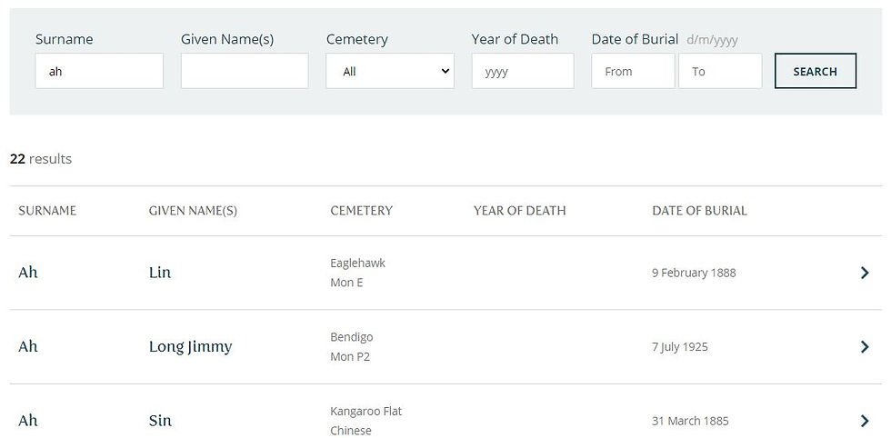 Search result sample in the Remembrance Parks Central Victoria cemetery database