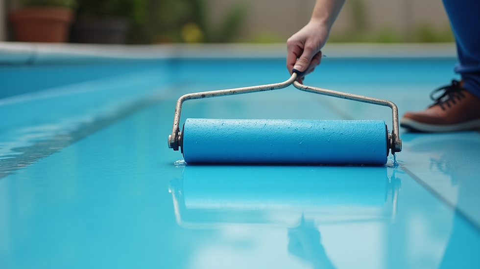 Close-up view of a roller applying blue pool paint on a concrete pool surface