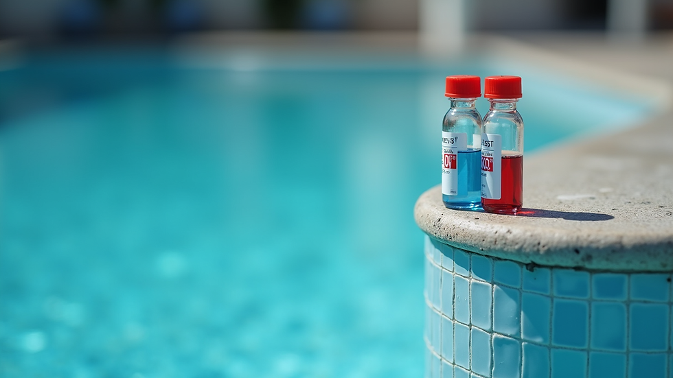 Close-up view of pool water testing kit with chemical reagents
