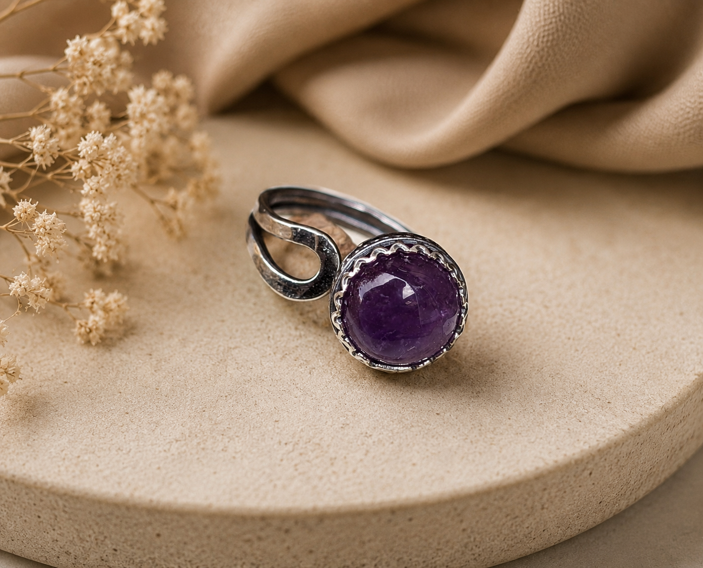 Amethyst and sterling silver adjustable ring