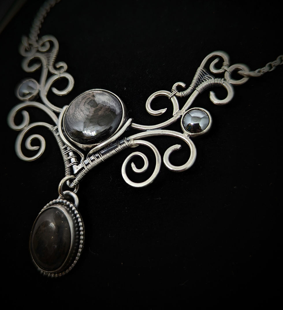 Thumbnail: Hypersthene, hematite and shungite in sterling silver.