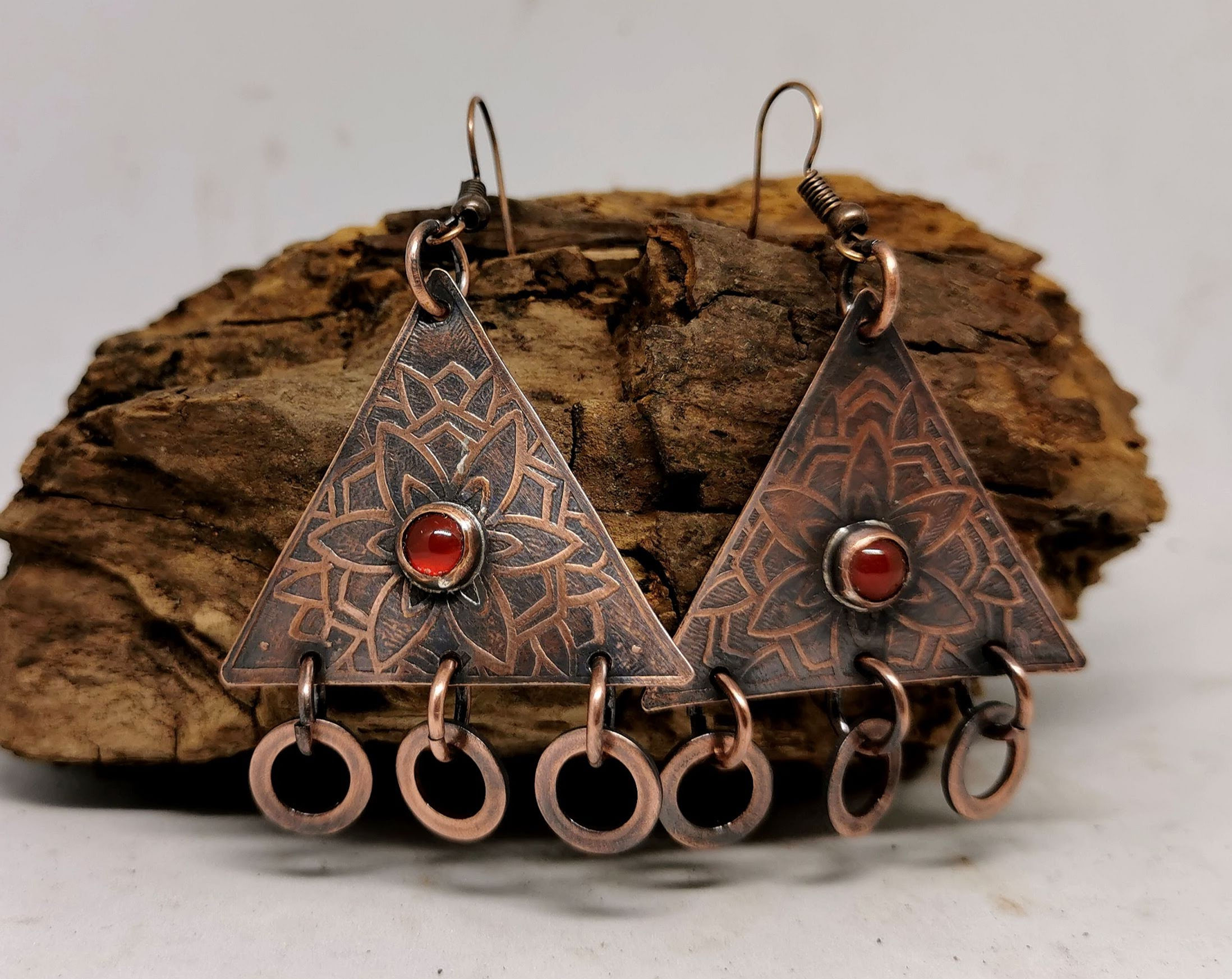 Carnelian and acid etched copper boho earrings