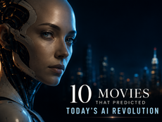 Cinematic humanoid AI with a futuristic city backdrop representing 10 movies that predicted today's AI revolution.