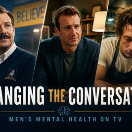 Shrinking, Ted Lasso, and The Bear characters highlighting men's mental health conversations in modern television