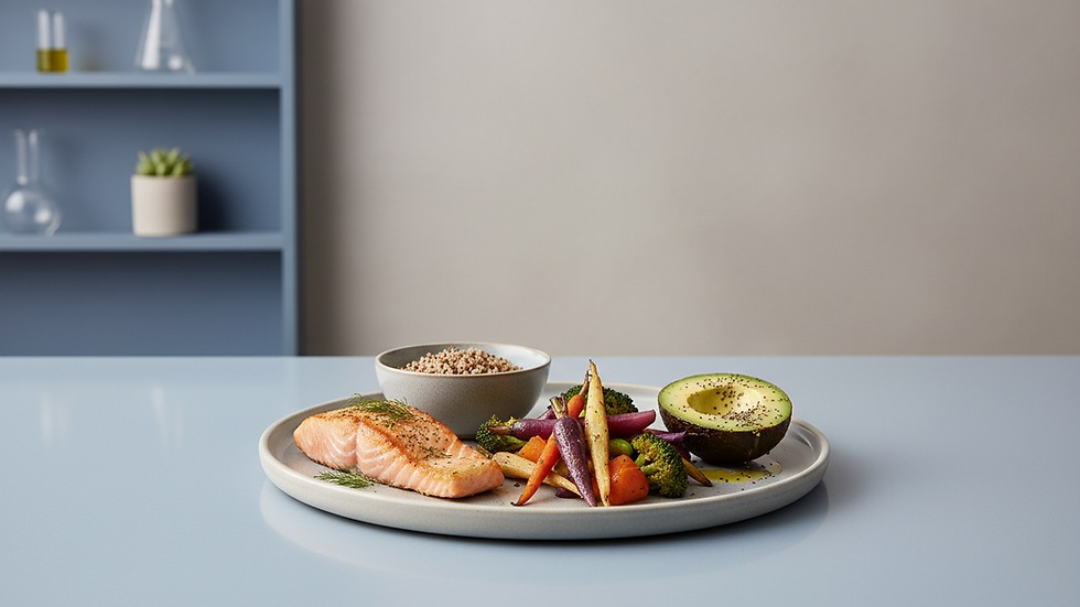 Close-up view of a balanced meal plate with vegetables, protein, and healthy fats
