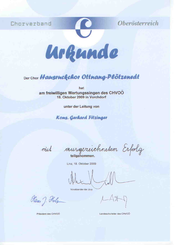 Urkunde vom Chorwettbewerb