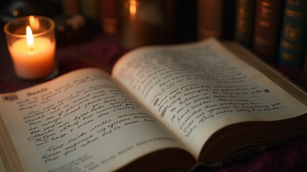 Close-up view of a spellcasting book open with handwritten notes and a lit candle