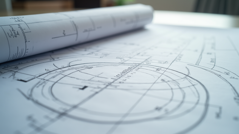 Close-up view of a circular blueprint with measurements and radius marked
