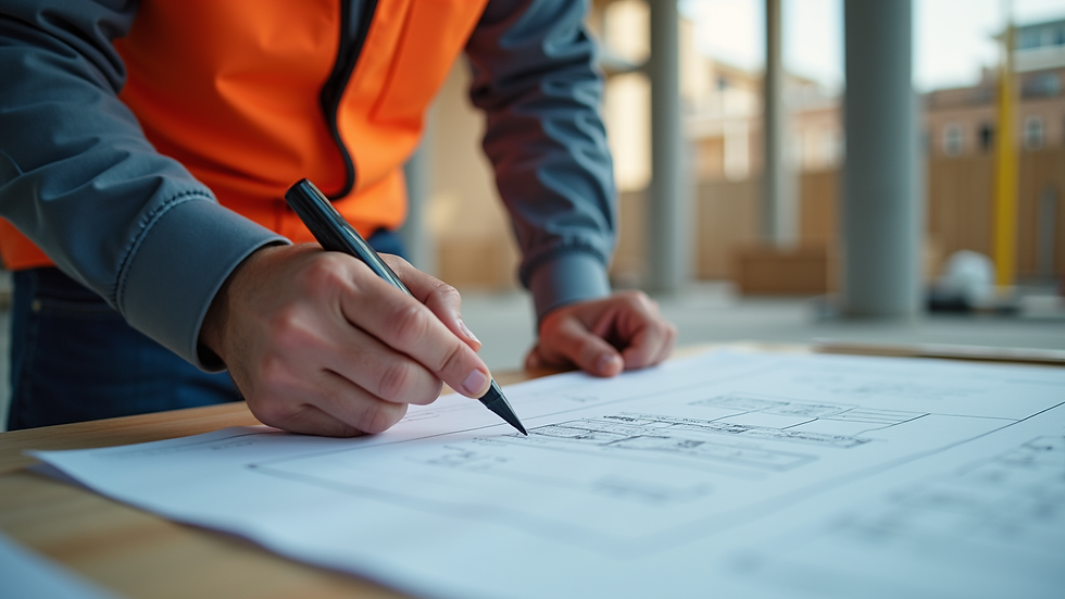 Close-up view of a contractor reviewing blueprints on a construction site