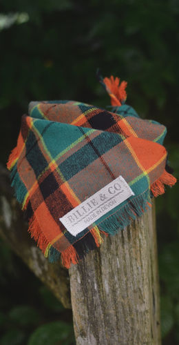 A bright orange, green and black plaid dog bandana sitting on a wooden fence post.