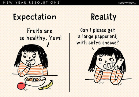  Two-panel comic illustration. The first panel, labeled “Expectation,” shows a woman excited and dressed for a workout. The second panel, labeled “Reality,” shows the same woman lying on a couch, scrolling her phone. The drawing style is playful, hand-drawn, and colorful.