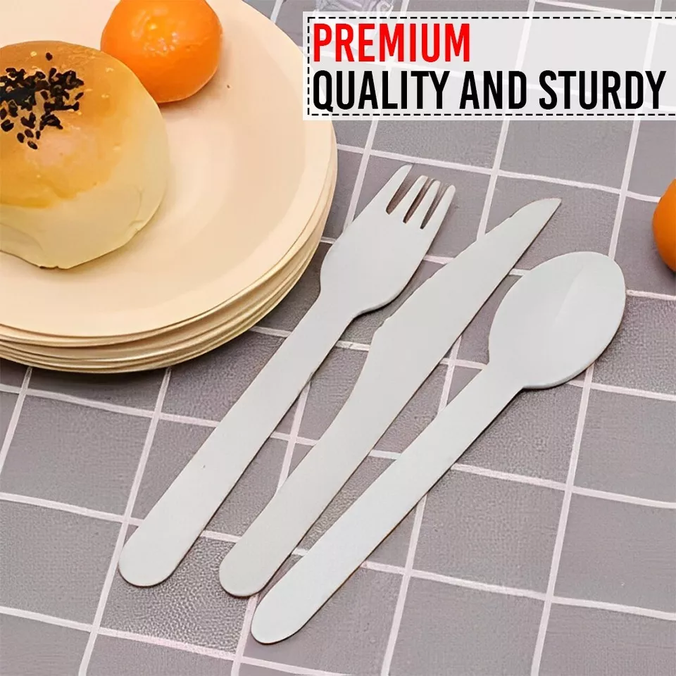 Thumbnail: White Biodegradable Bagasse Cutlery Set Lightweight Spoons Forks Knives Set
