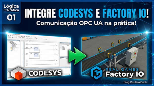 Capa de post de blog mostrando de um lado a interface de programação CODESYS com lógica ladder e do outro uma simulação 3D de esteira industrial do Factory IO, com uma seta verde grande unindo os dois. O texto principal diz: 'INTEGRE CODESYS E FACTORY IO! Comunicação OPC UA na prática!'. Logo superior 'Lógica na Prática 01'. Logotipos oficiais CODESYS e Factory IO inclusos.
