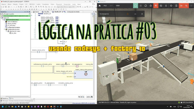 Imagem de capa do Desafio 03 apresentando um sistema de separação de caixas. Vê-se um braço pneumático a empurrar uma caixa alta para a direita e uma rampa para caixas baixas à esquerda. Ao fundo, o código Ladder no CODESYS gere os sensores de altura. Título: 'Separador de Caixas por Altura'.