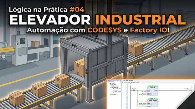 Representação em 3D de um sistema de automação industrial no Factory IO, mostrando um elevador de carga metálico transportando uma caixa entre dois níveis de esteiras transportadoras, com um painel de controle ao fundo em um ambiente de fábrica moderno e iluminado.