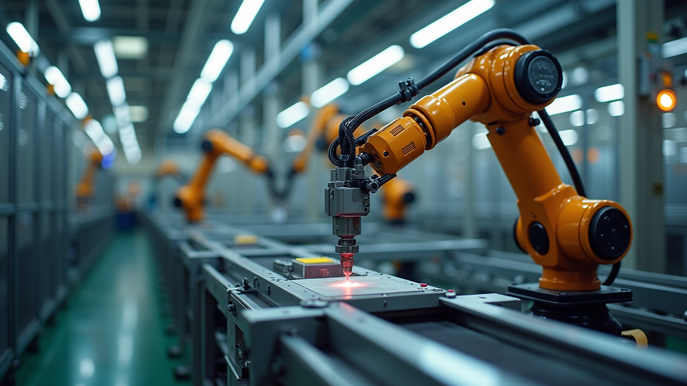 High angle view of industrial robotic arm operating in automated production line