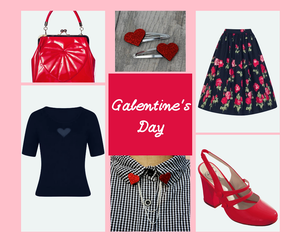 Cute pin up style outfit. Rose print skirt, heart t-shirt, red heart bag, red heels, red heart hair clips and red heart collar pins.