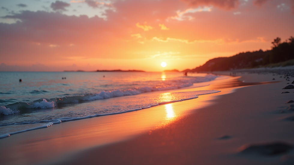 Wide angle view of a stunning sunset over a tranquil beach
