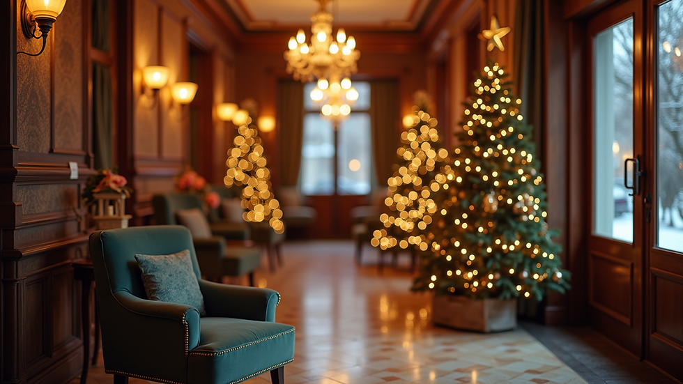 Eye-level view of a cozy hotel lobby decorated for Christmas