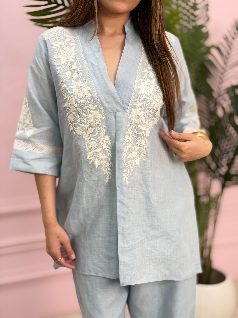 Thumbnail: Sky Blue Embroidered Linen Co-ord Set