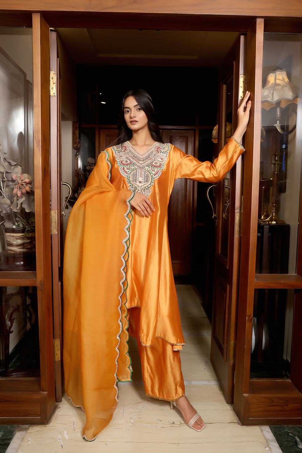 Thumbnail: Chinia Silk Asymmetrical Suit Set
