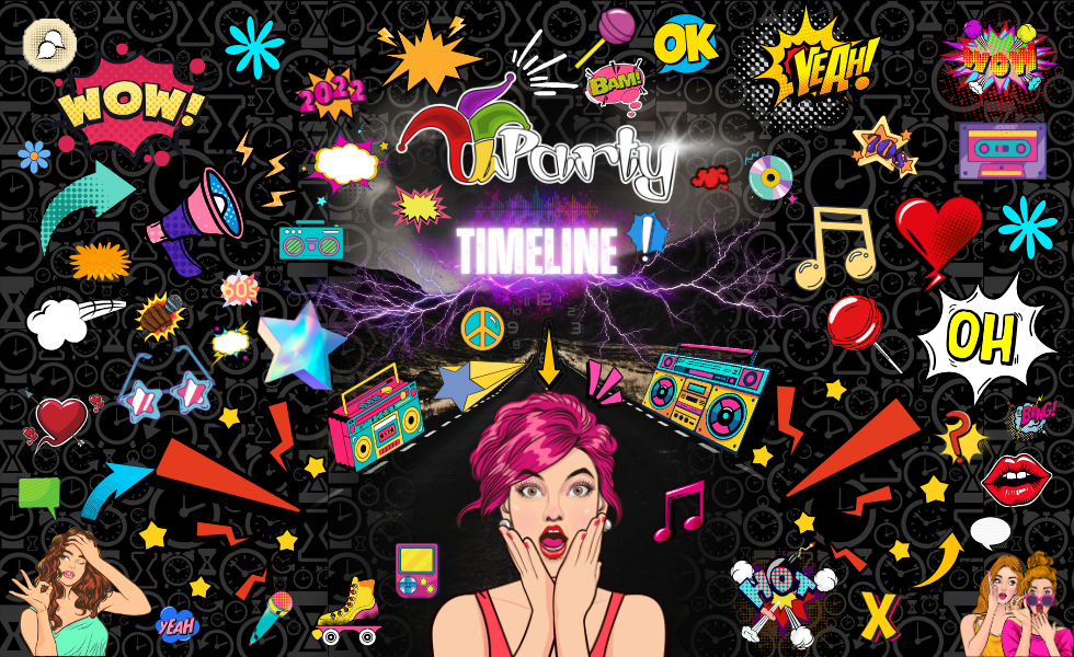 Ilustración estilo pop art de Grupo Musical Versátil U-Party para su sección Timeline. Presenta a tres mujeres con expresiones de sorpresa, colores vibrantes rosa y azul, rodeadas de elementos festivos como bolas de discoteca, relojes, notas musicales y burbujas de texto tipo cómic (Wow, Oh, Ok) sobre un fondo negro con patrones retro.