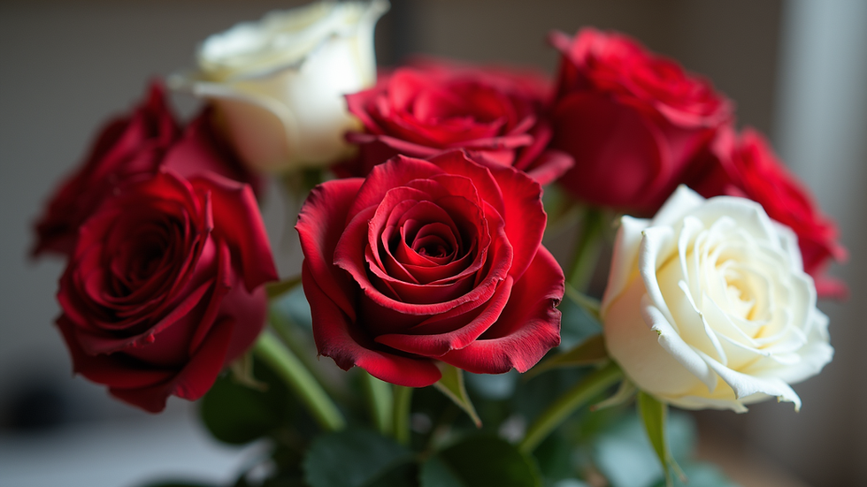 close-up view of a mixed bouquet with red and white roses