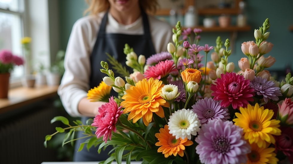 Close-up view of a florist arranging a colorful flower bouquet