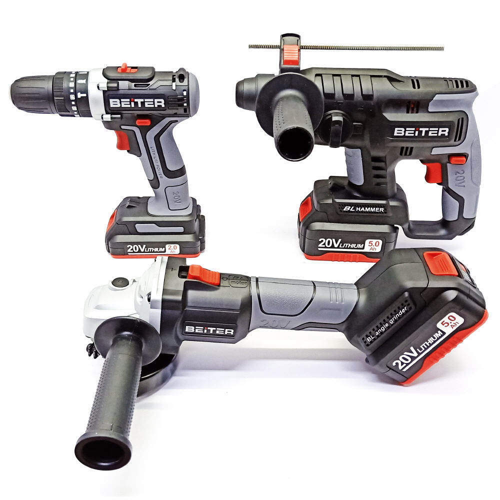 Beiter LI-ION Angle Grinder 20V Brushless + Beiter LI-ION Impact Driver 20V + Brushless 20V Cordless Rotary Hammer Drill