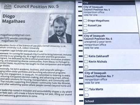 Grateful, proud, and humbled to see my name on the ballot to serve the City of Issaquah.
